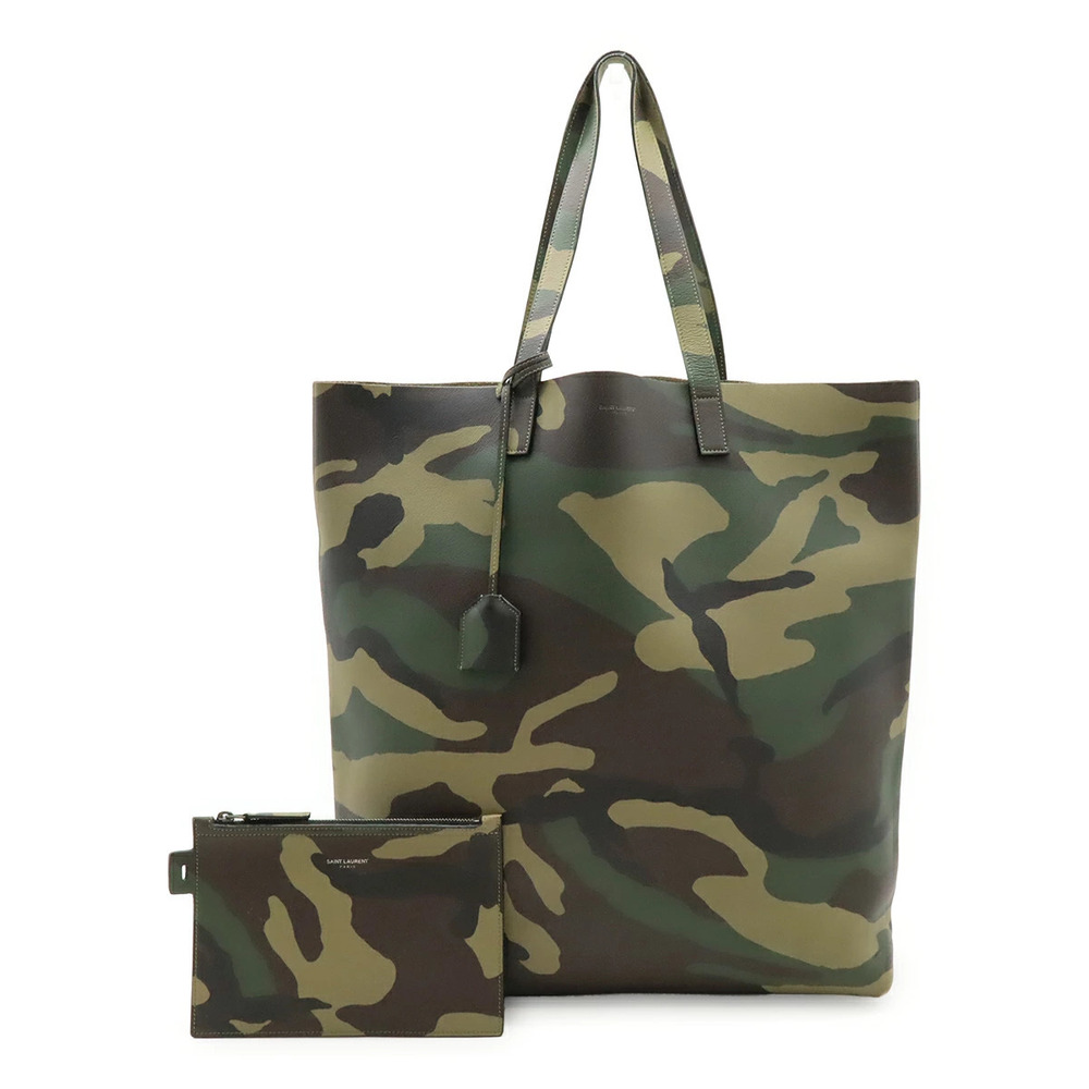 SAINT LAURENT PARIS YSL Yves Shopping Tote Camouflage Leather Khaki Green Pouch